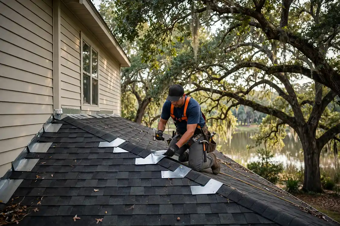 Reparación de tapajuntas de techo en una casa de dos pisos cerca del lago en Hidden Lakes, Texas