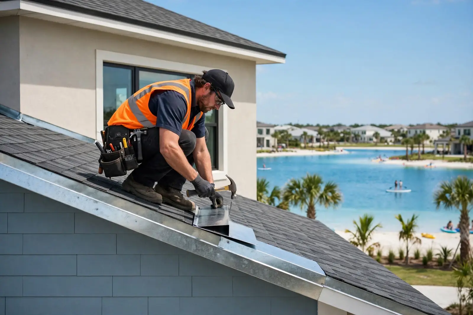 Reparación de tapajuntas de techo en una nueva casa suburbana cerca de Crystal Lagoon en Lago Mar, Texas