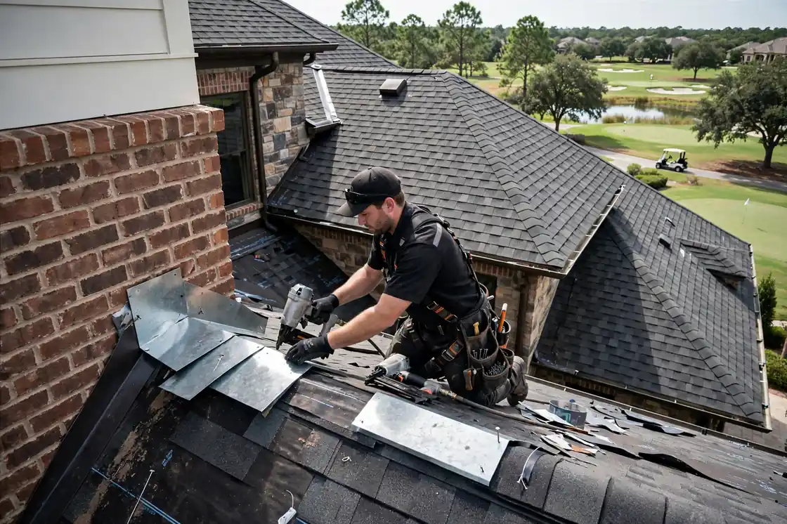 Reparación de tapajuntas de techo en una casa de lujo cerca del campo de golf en Magnolia Creek, Texas