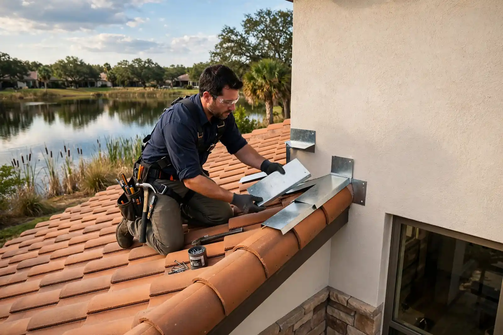 Reparación de tapajuntas de techo en una casa junto al lago con detalles en azulejos Mar Bella, Texas