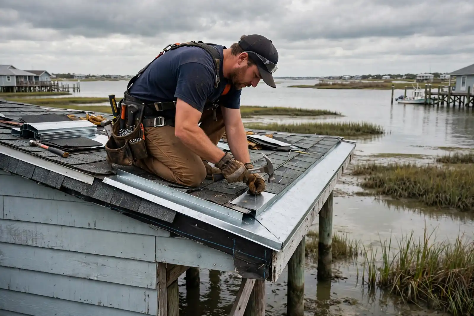 Reparación de tapajuntas de techo en una cabaña sobre pilotes frente al mar cerca de la Bahía de Galveston en San Leon, Texas
