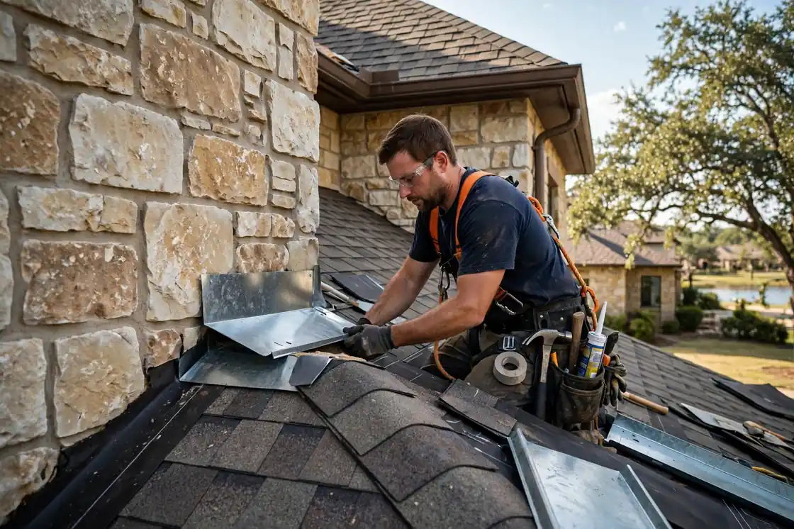 Reparación de tapajuntas de techo en una casa con fachada de piedra en Tuscan Lakes, Texas