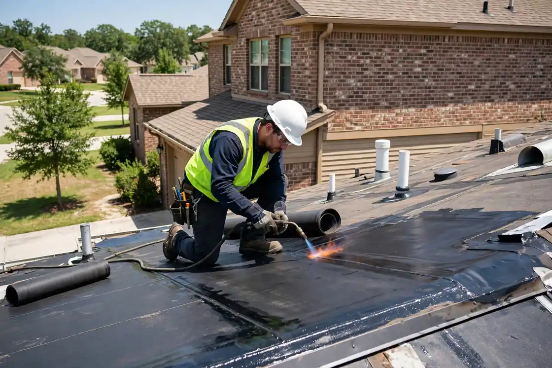 Reparación de goteras en el techo plano de una casa suburbana revestida de ladrillo del año 2000 en Bay Colony, Texas