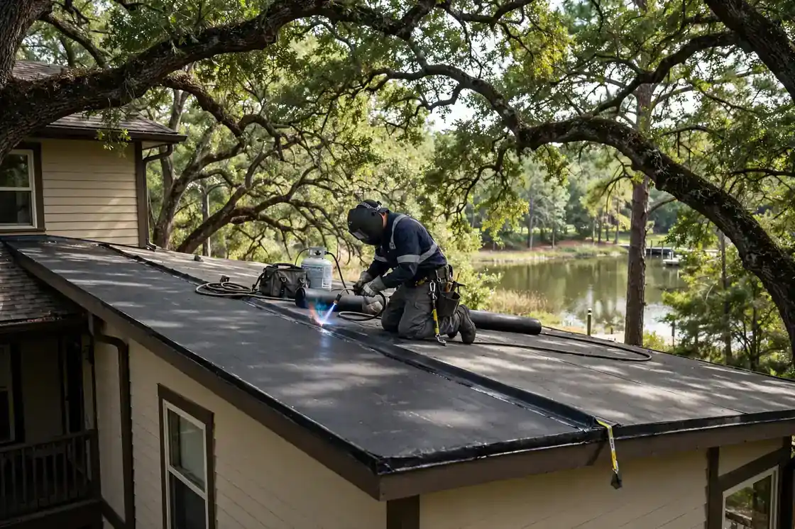 Reparación de goteras en el techo plano de una casa de dos pisos cerca del lago en Hidden Lakes, Texas