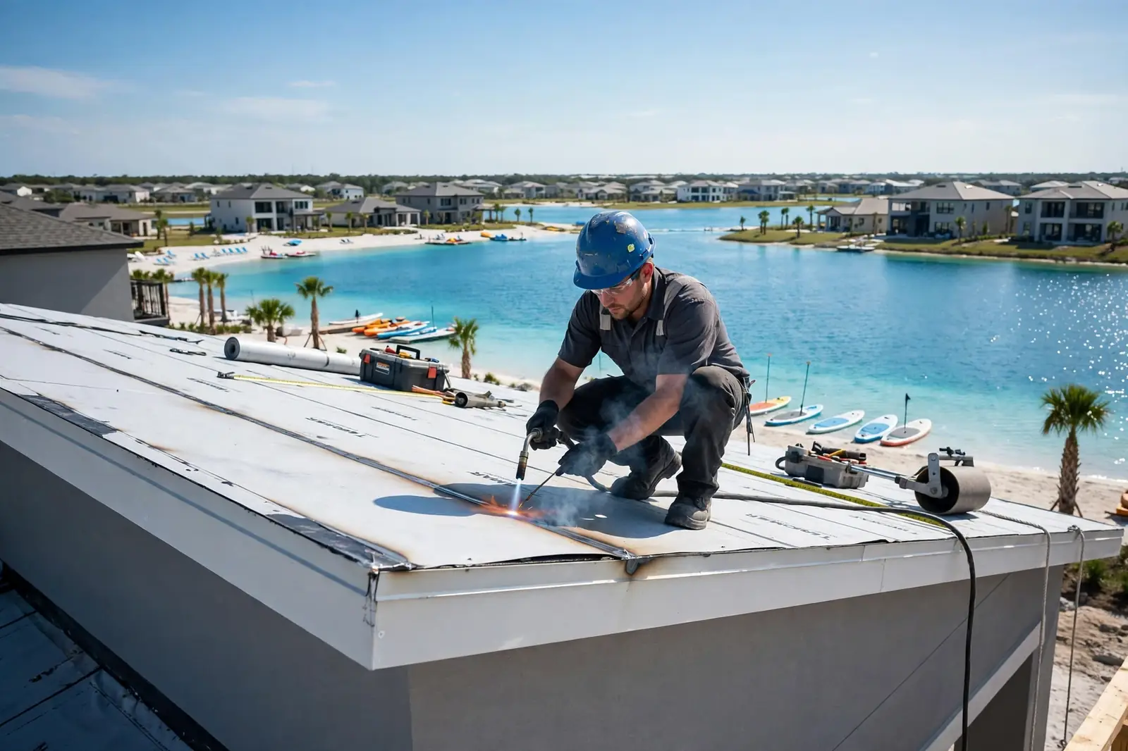 Reparación de goteras en el techo plano de una nueva casa suburbana cerca de Crystal Lagoon en Lago Mar, Texas