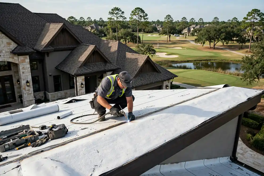 Reparación de goteras en el techo plano de una casa de lujo cerca del campo de golf en Magnolia Creek, Texas