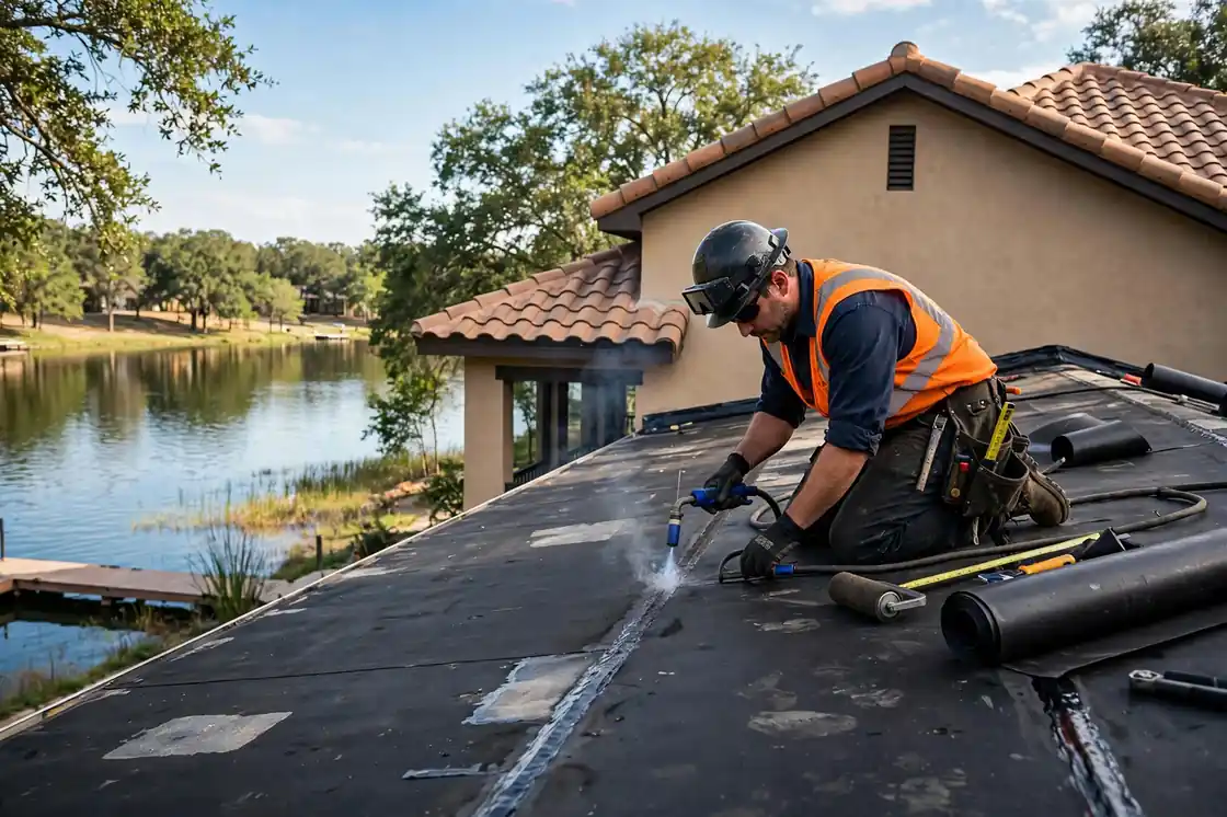 Reparación de goteras en el techo plano de una casa junto al lago con detalles en azulejos Mar Bella, Texas