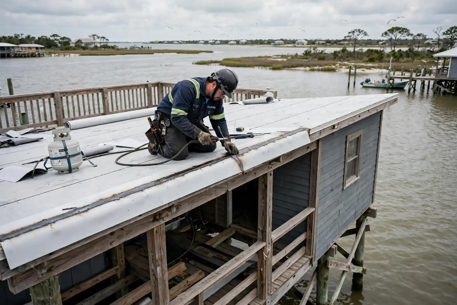 Reparación de goteras en techos planos en una cabaña sobre pilotes frente al mar cerca de la Bahía de Galveston en San Leon, Texas