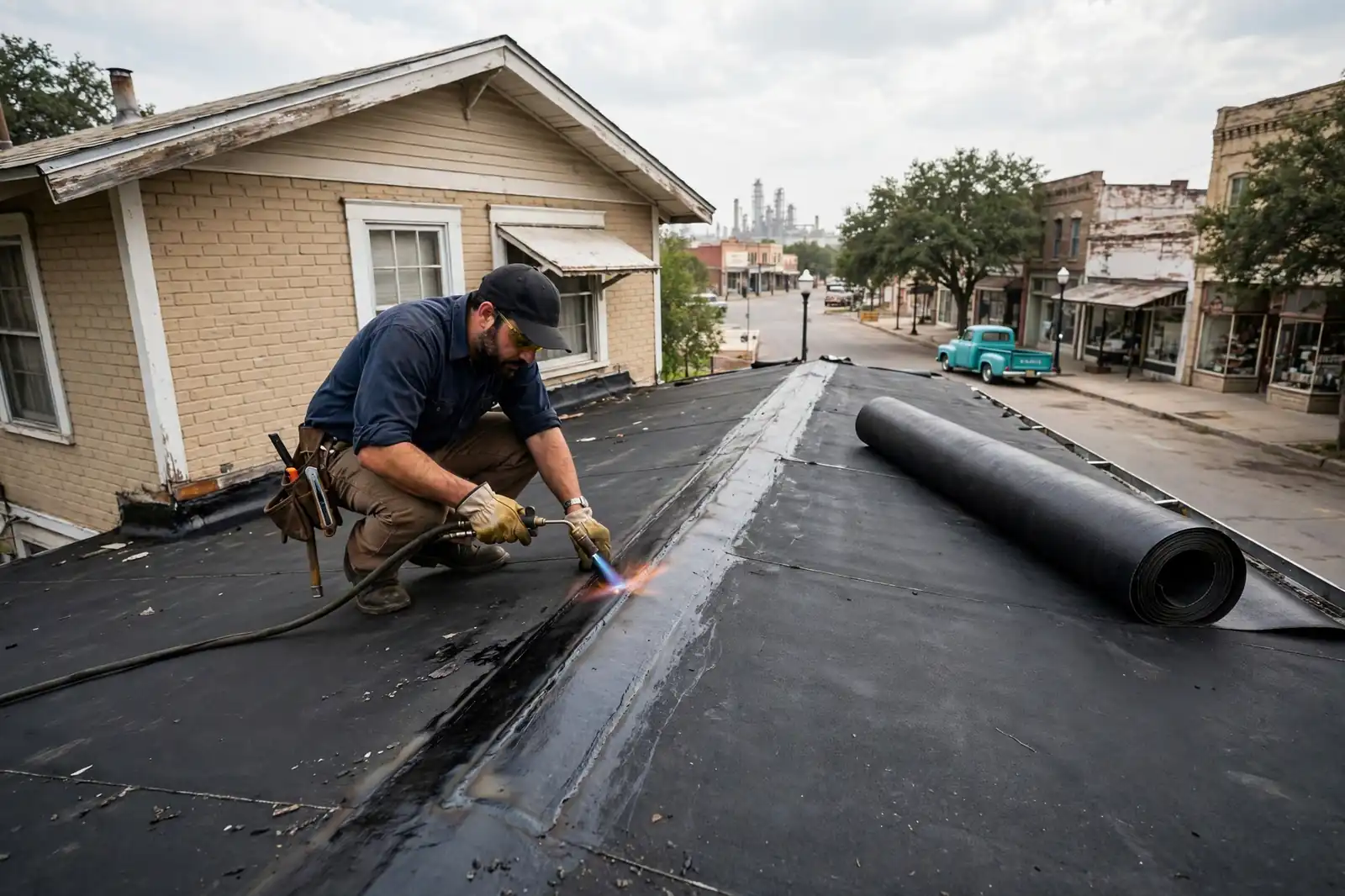 Reparación de goteras en el techo plano de un bungalow de los años 50 en Historic Sixth Street, Texas
