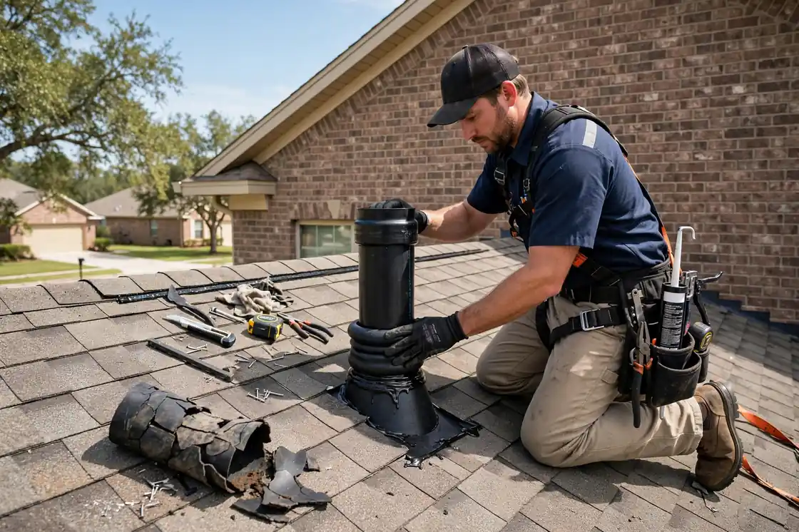 Reparación de maleteros de tuberías en una casa suburbana revestida de ladrillos de la década de 2000 en Bay Colony, Texas