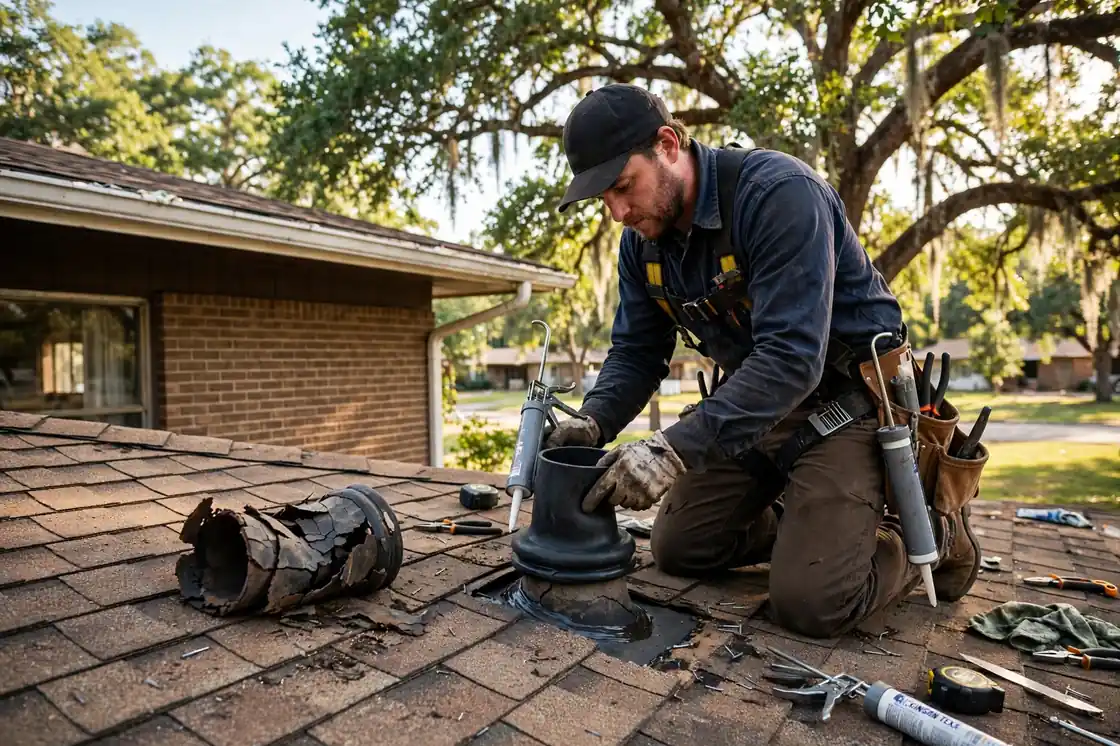 Reparación de botas de tuberías en una casa estilo rancho de los años 70 a la sombra de robles en Dickinson, Texas