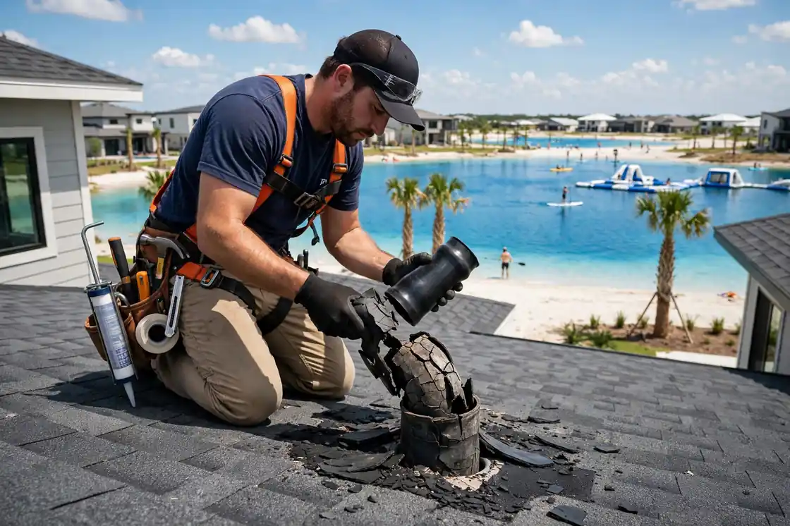 Reparación de maleteros de tuberías en una nueva casa suburbana cerca de Crystal Lagoon en Lago Mar, Texas