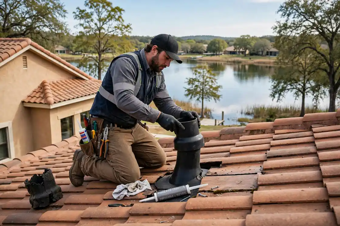 Reparación de maleteros de tuberías en una casa junto al lago con detalles en azulejos Mar Bella, Texas