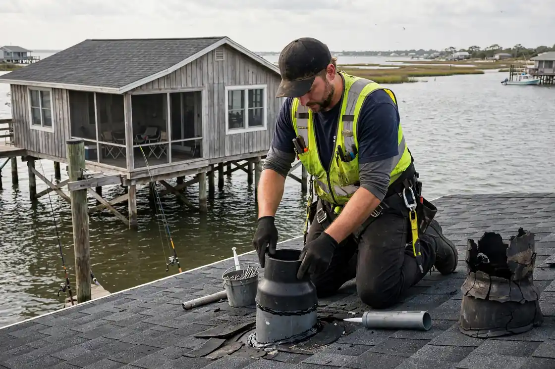 Reparación de botas de tubería en una cabaña sobre pilotes frente al mar cerca de la Bahía de Galveston en San Leon, Texas