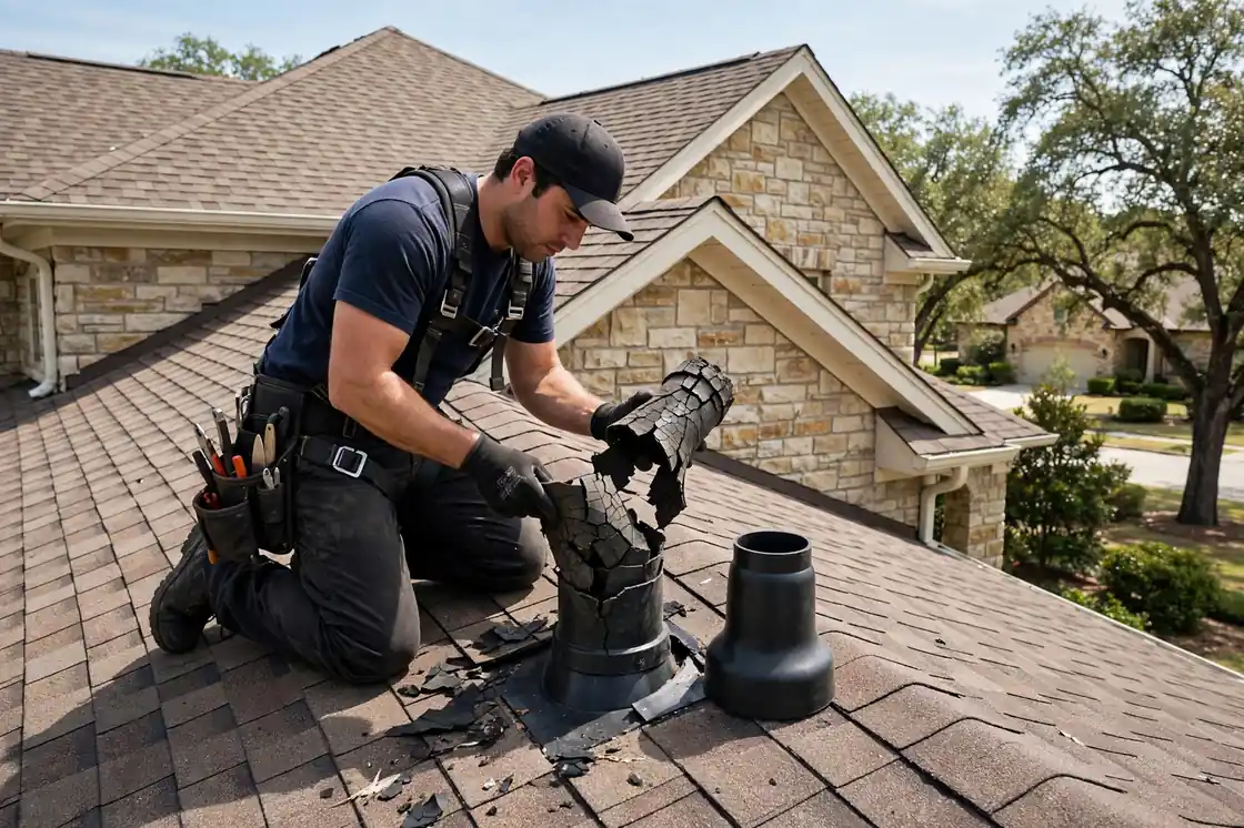 Reparación de maleteros de tuberías en una casa con fachada de piedra en Tuscan Lakes, Texas