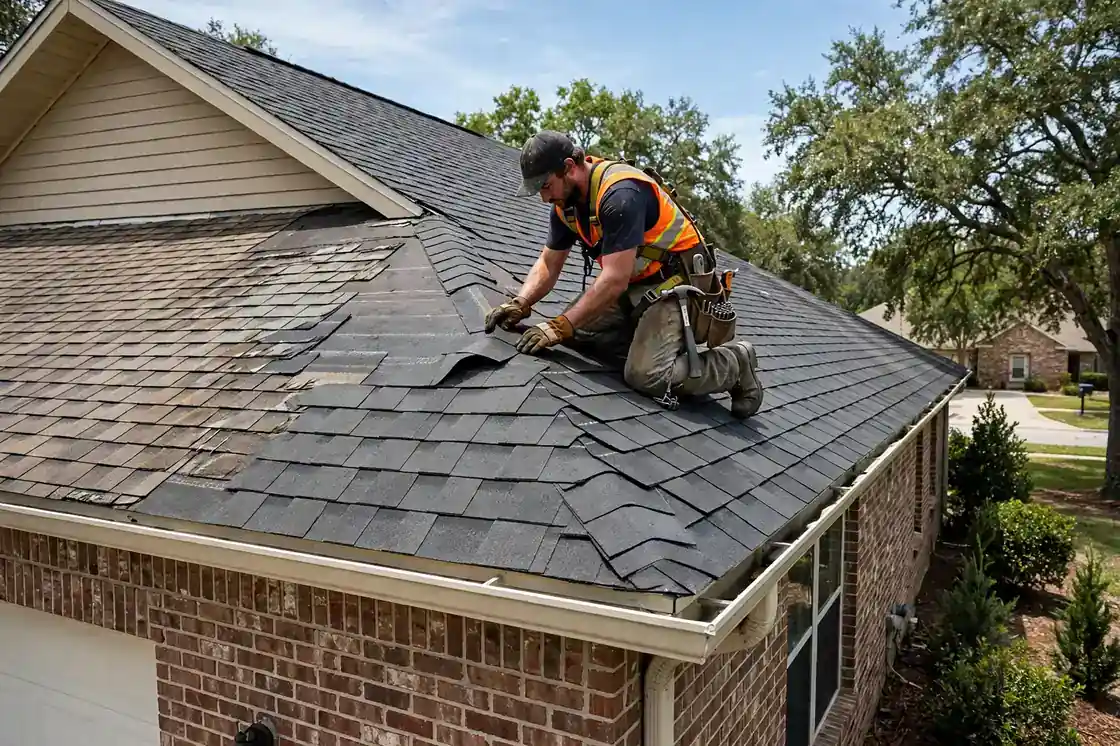 Reparación de goteras en el techo de tejas en una casa suburbana de revestimiento de ladrillo de la década de 2000 en Bay Colony, Texas