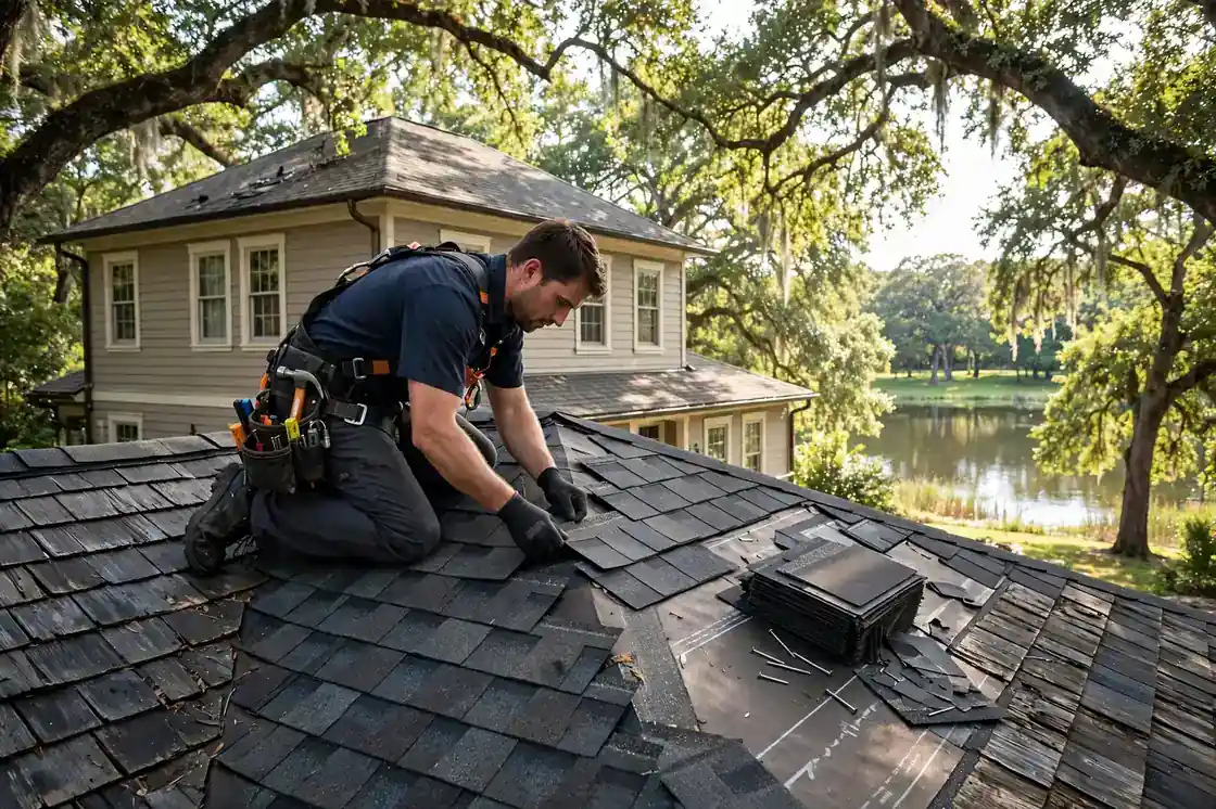 Reparación de goteras en el techo de tejas de una casa de dos pisos cerca del lago en Hidden Lakes, Texas