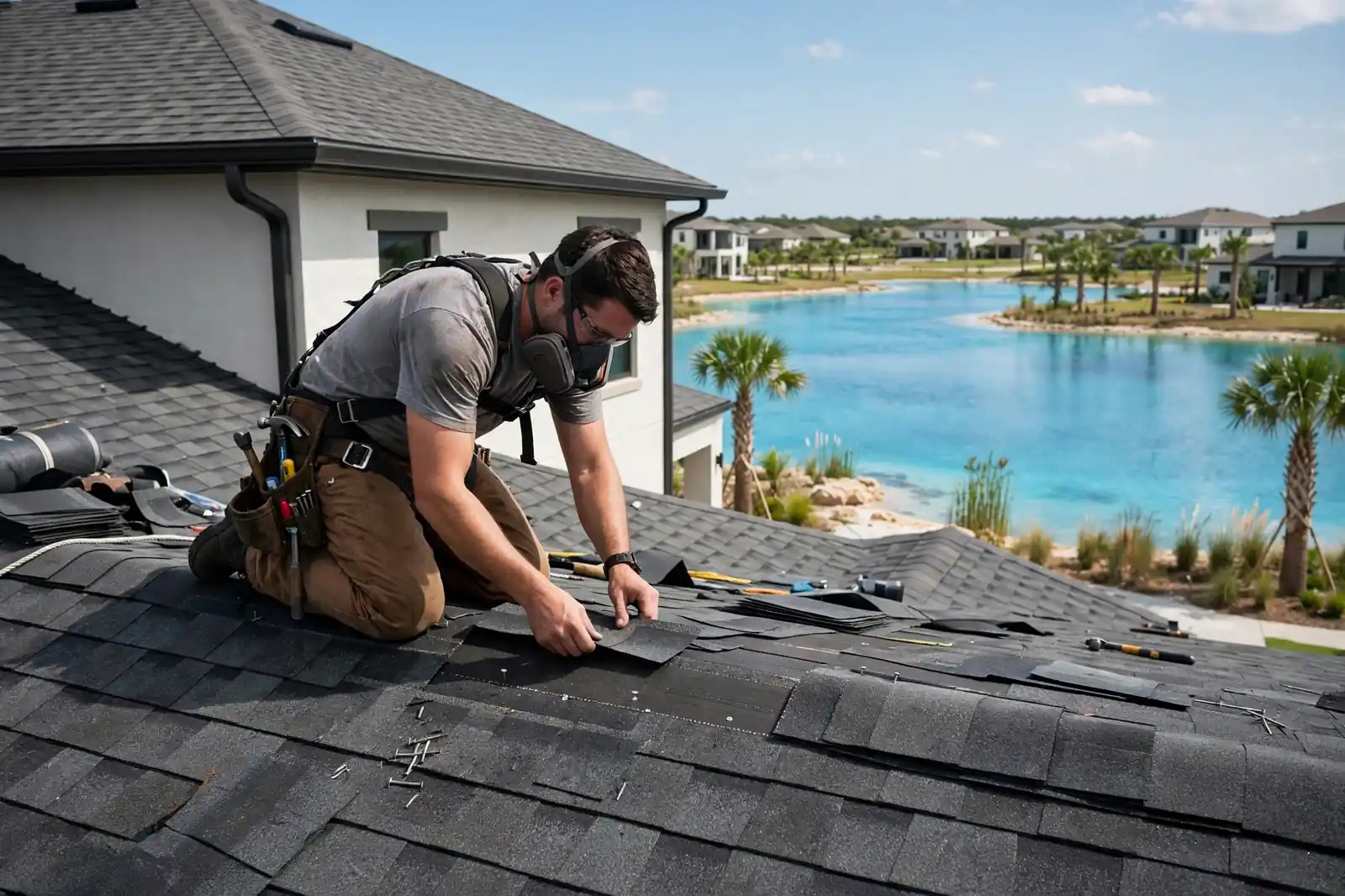 Reparación de goteras en el techo de tejas de una nueva casa suburbana cerca de Crystal Lagoon en Lago Mar, Texas