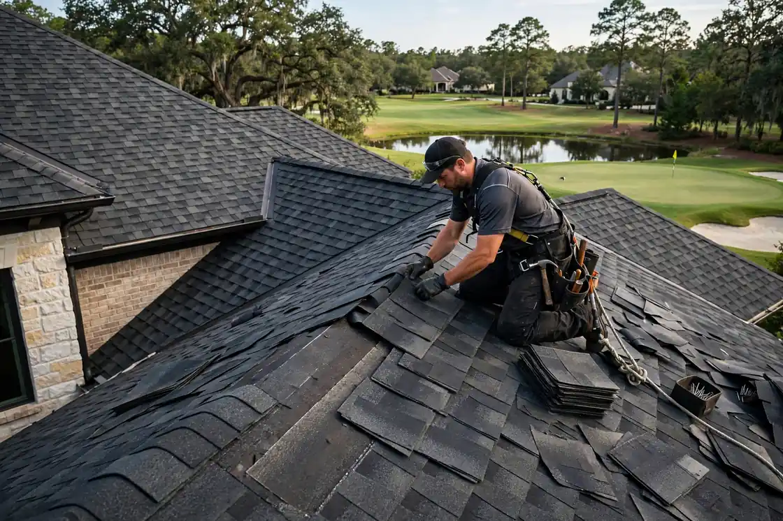Reparación de goteras en el techo de tejas en una casa de lujo cerca del campo de golf en Magnolia Creek, Texas