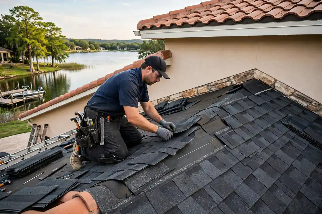 Reparación de goteras en el techo de tejas en una casa junto al lago con detalles en azulejos Mar Bella, Texas