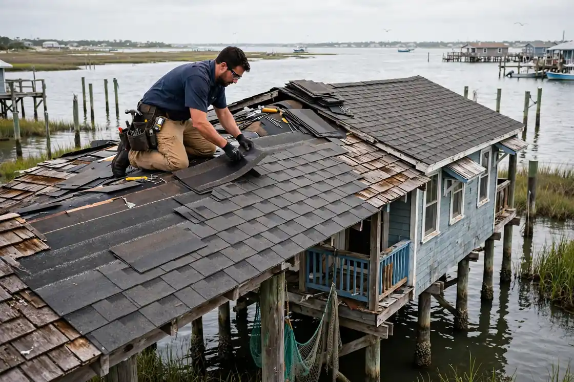 Reparación de goteras en el techo de tejas en una cabaña sobre pilotes frente al mar cerca de la Bahía de Galveston en San Leon, Texas