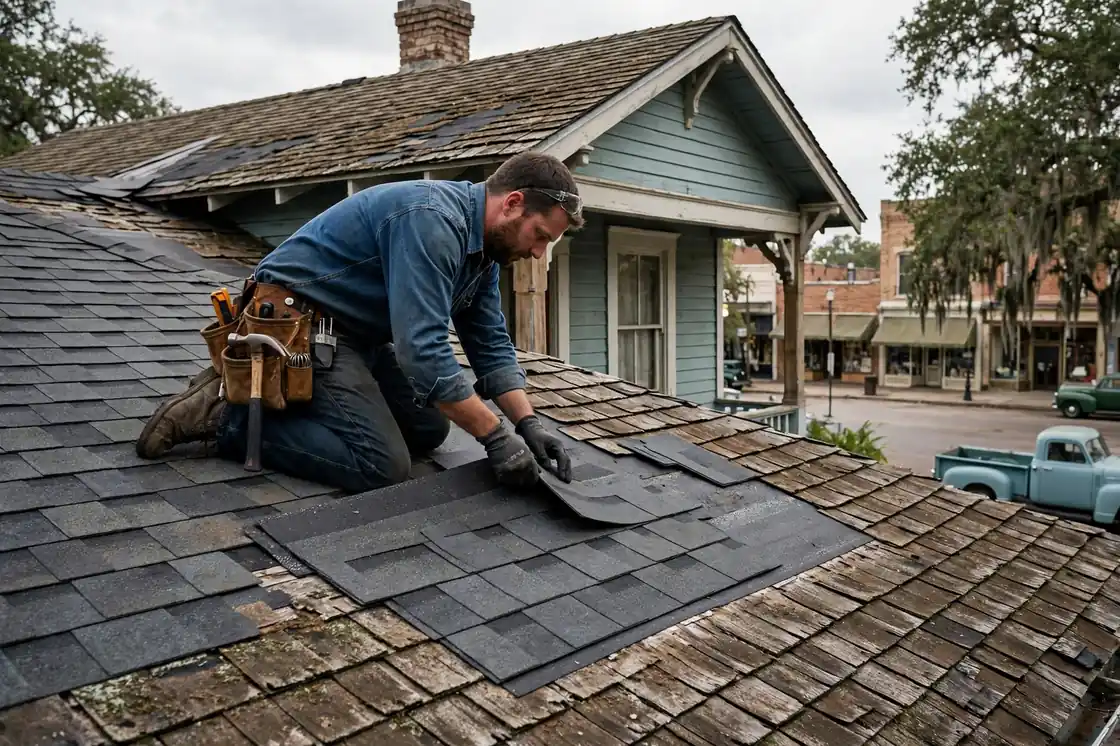 Reparación de goteras en el techo de tejas de un bungalow de la década de 1950 en Historic Sixth Street, Texas