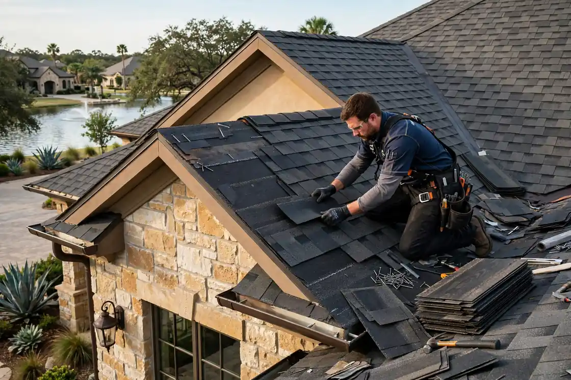 Reparación de goteras en el techo de tejas de una casa con fachada de piedra en Tuscan Lakes, Texas
