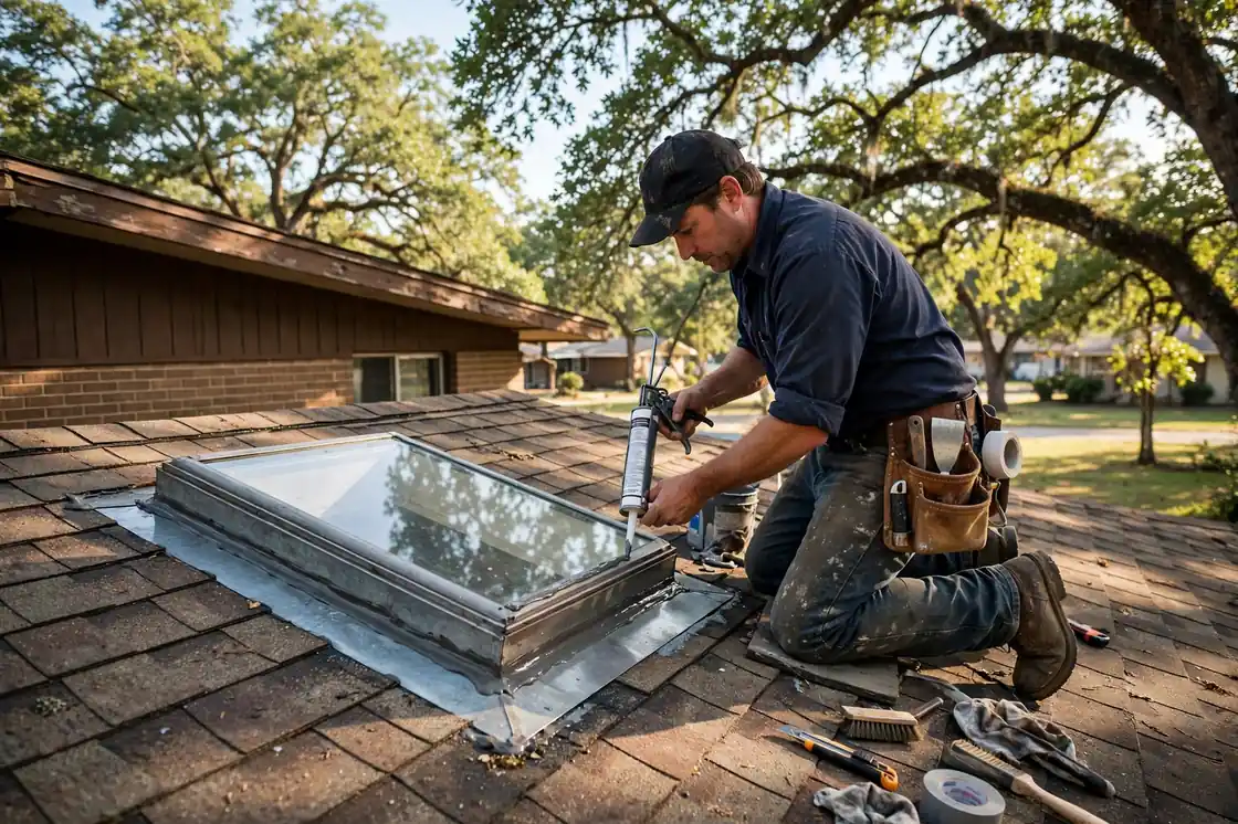 Reparación de goteras en tragaluces en una casa estilo rancho de los años 70 a la sombra de robles en Dickinson, Texas