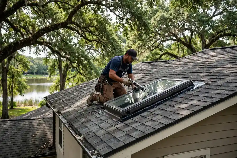 Reparación de fugas en un tragaluz en una casa de dos pisos cerca del lago en Hidden Lakes, Texas