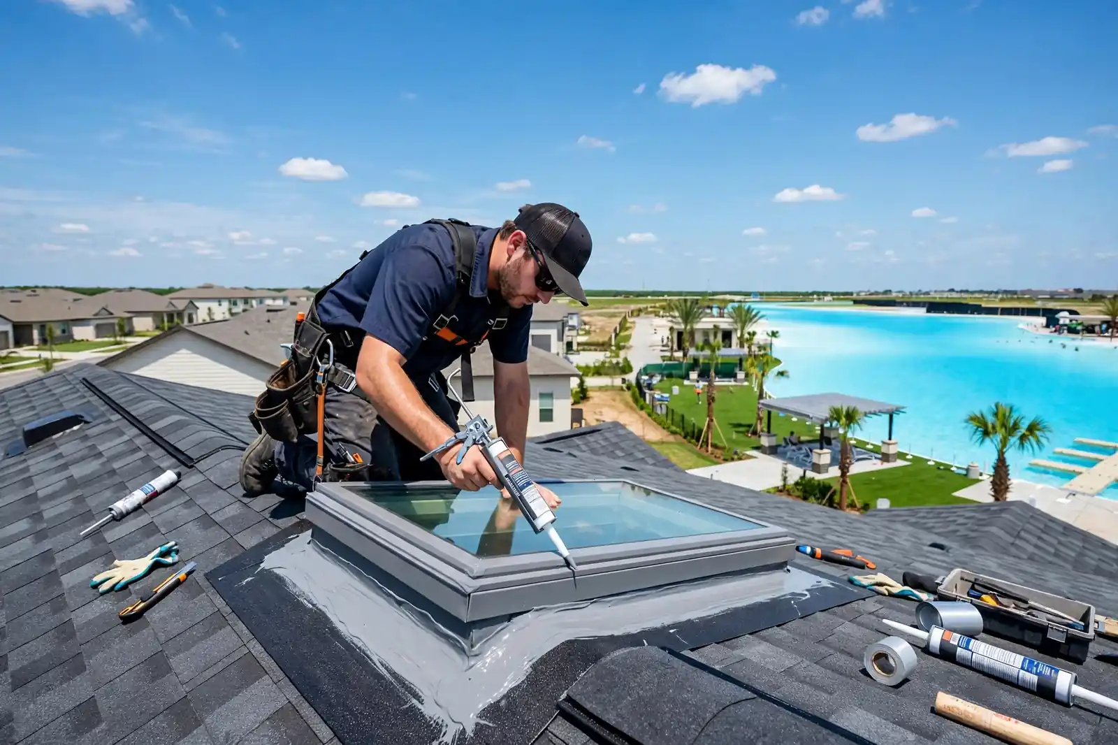 Reparación de fugas en tragaluces en una nueva casa suburbana cerca de Crystal Lagoon en Lago Mar, Texas
