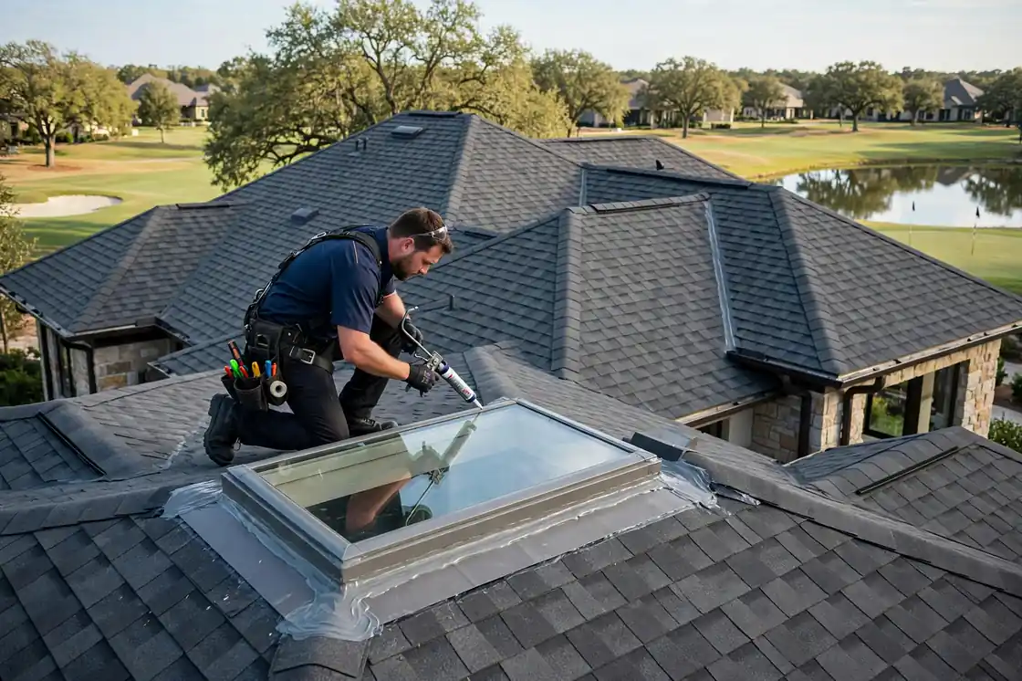 Reparación de fugas en tragaluces en una casa de lujo cerca del campo de golf en Magnolia Creek, Texas
