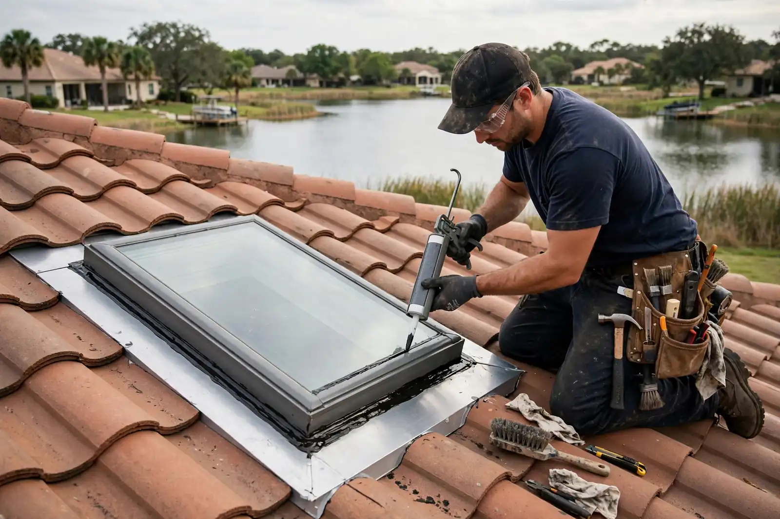 Reparación de goteras en tragaluces en una casa junto al lago con detalles en azulejos Mar Bella, Texas