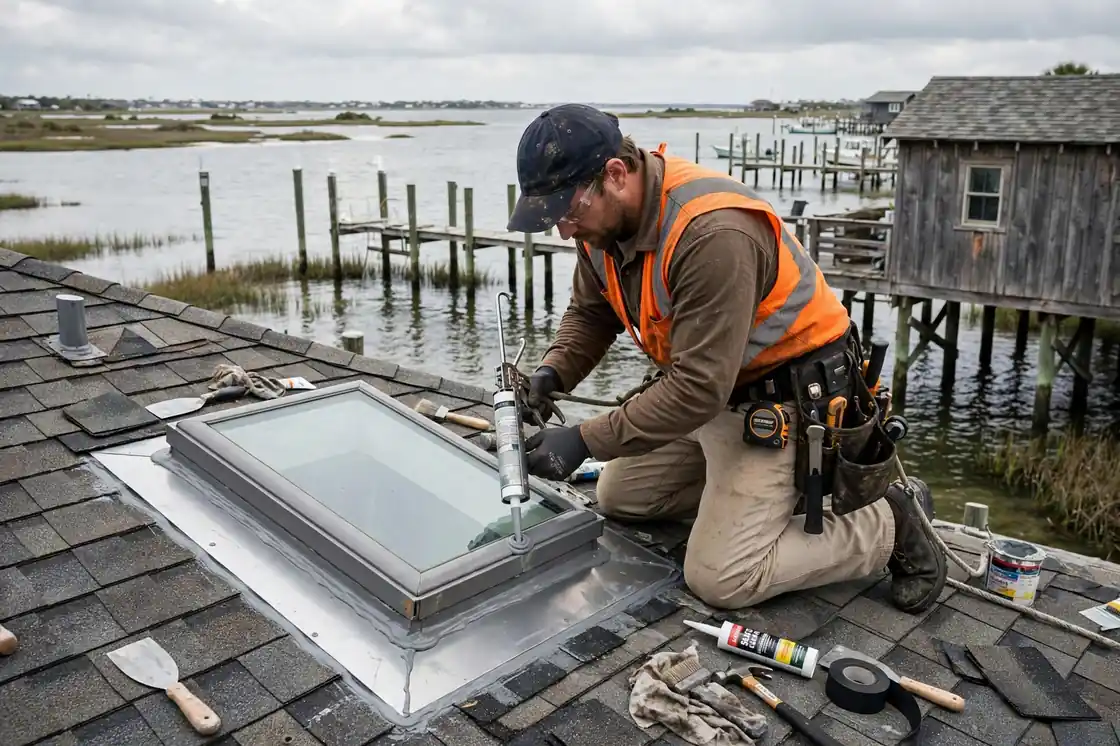 Reparación de fugas en un tragaluz en una cabaña sobre pilotes frente al mar cerca de la Bahía de Galveston en San Leon, Texas