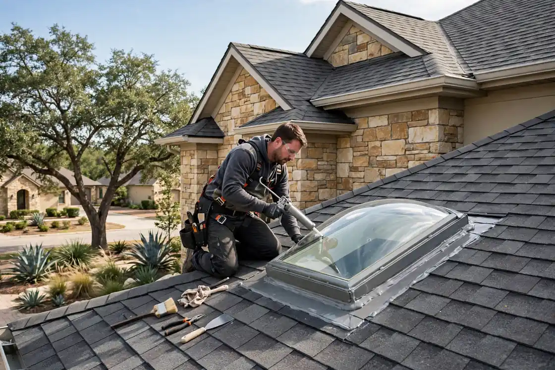 Reparación de goteras en tragaluces en una casa con fachada de piedra en Tuscan Lakes, Texas