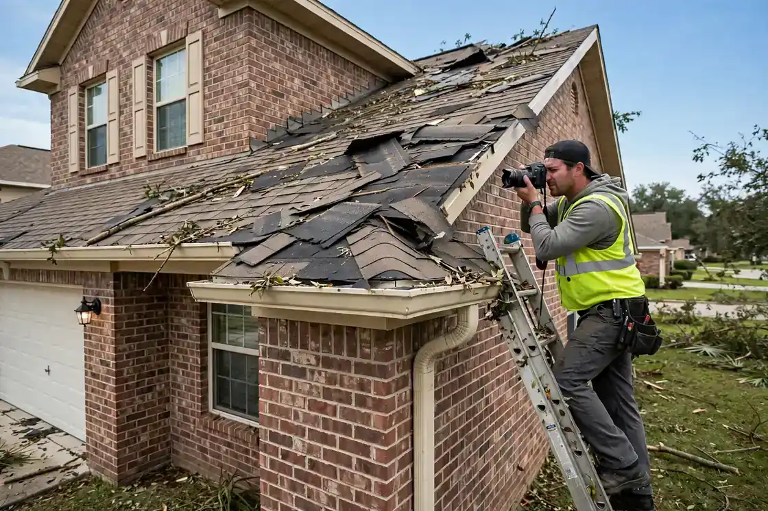Reparación de fugas por daños causados ​​por tormentas en una casa suburbana de revestimiento de ladrillos de la década de 2000 en Bay Colony, Texas