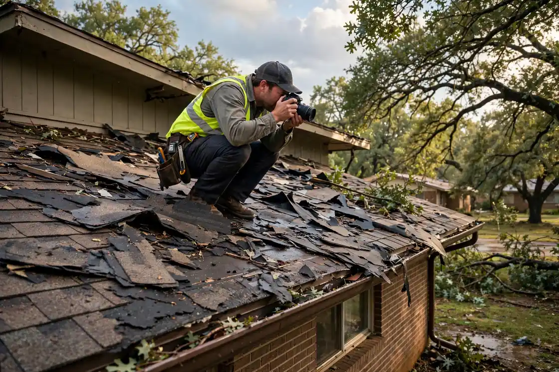 Reparación de fugas por daños causados ​​por tormentas en una casa estilo rancho de los años 70 a la sombra de robles en Dickinson, Texas