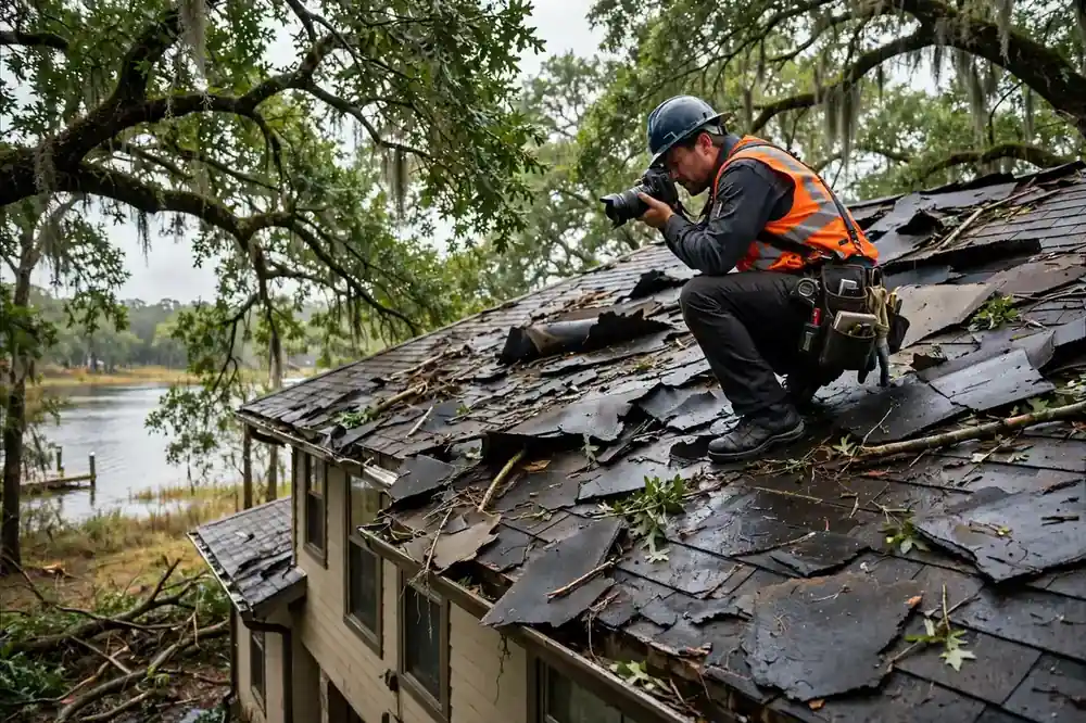Reparación de fugas por daños causados ​​por tormentas en una casa de dos pisos cerca del lago en Hidden Lakes, Texas