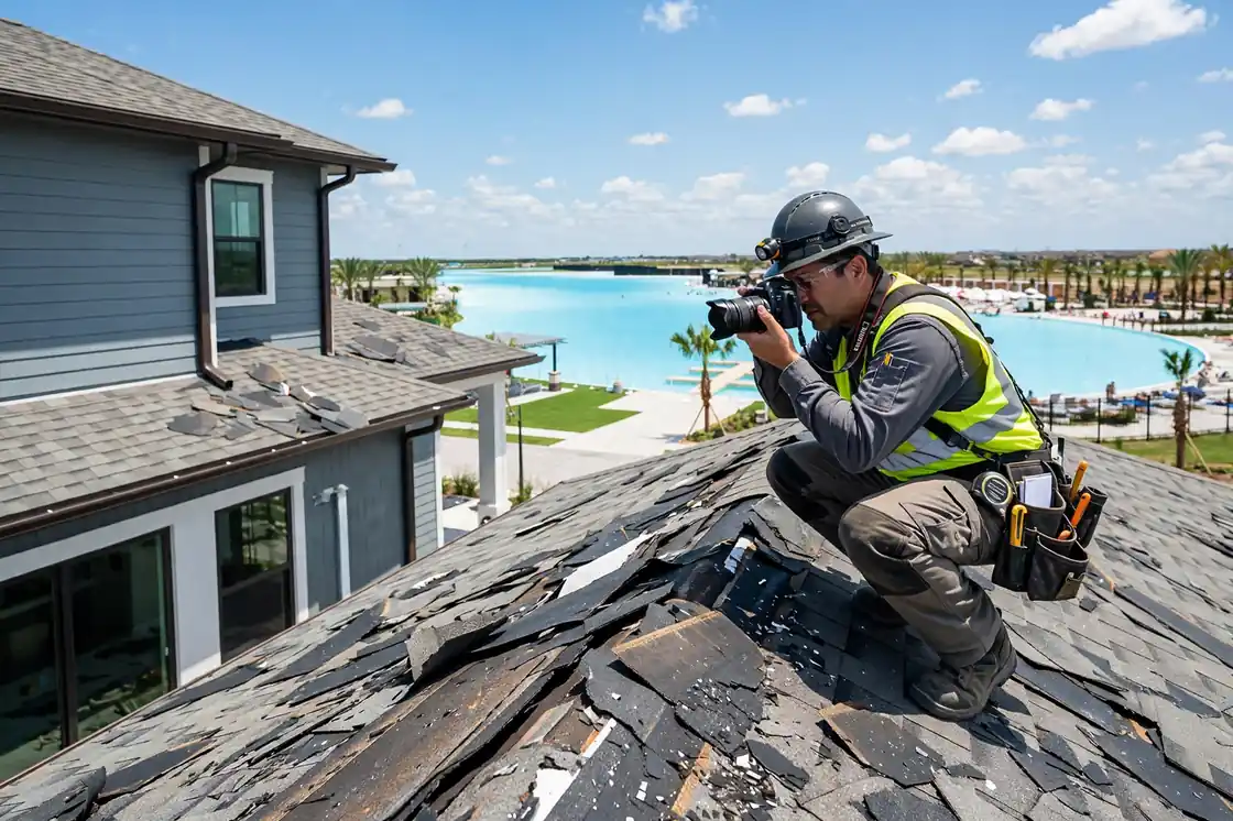 Reparación de fugas por daños causados ​​por la tormenta en una nueva casa suburbana cerca de Crystal Lagoon en Lago Mar, Texas