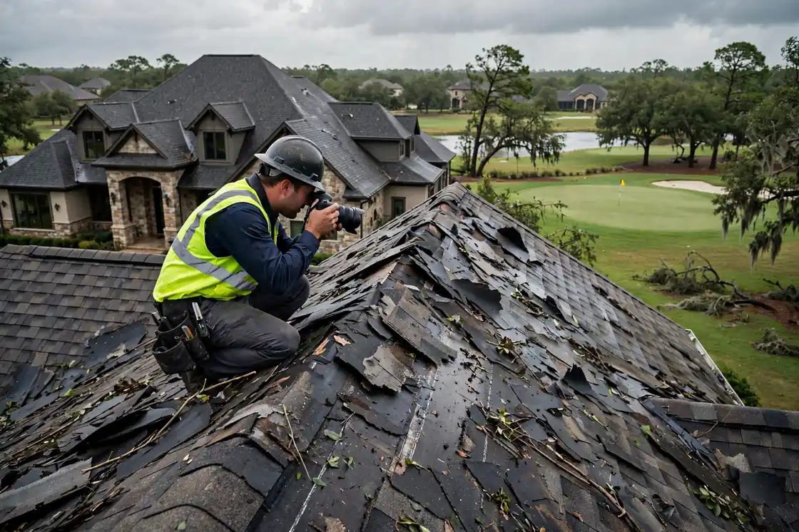 Reparación de fugas por daños causados ​​por tormentas en una casa de lujo cerca del campo de golf en Magnolia Creek, Texas