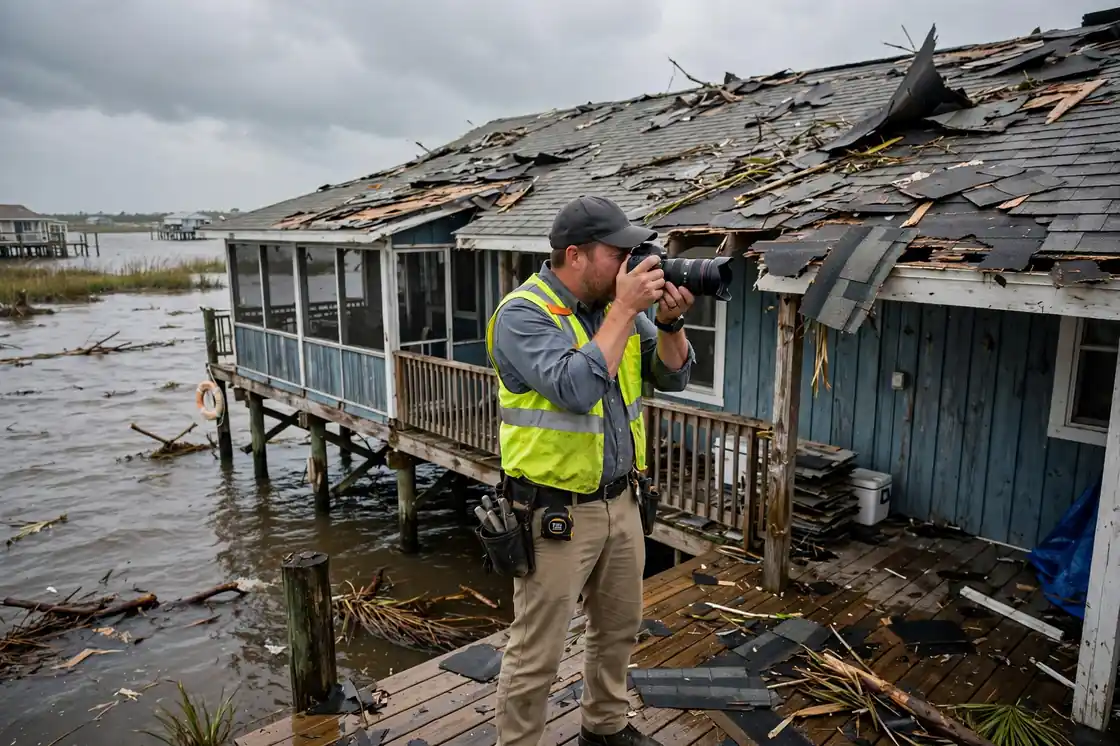 Reparación de fugas por daños causados ​​por tormentas en una cabaña sobre pilotes frente al mar cerca de la Bahía de Galveston en San Leon, Texas