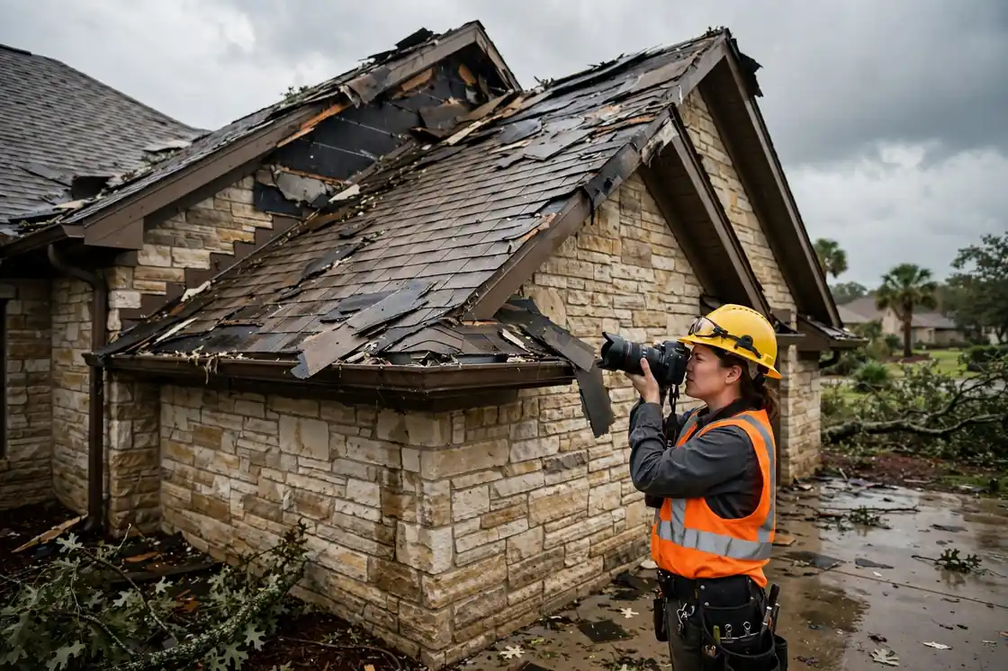 Reparación de fugas por daños causados ​​por tormentas en una casa con fachada de piedra en Tuscan Lakes, Texas
