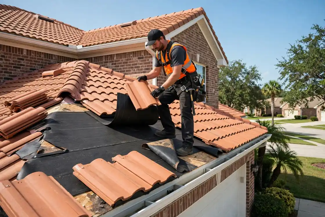 Reparación de goteras en el techo de tejas en una casa suburbana de revestimiento de ladrillo de la década de 2000 en Bay Colony, Texas