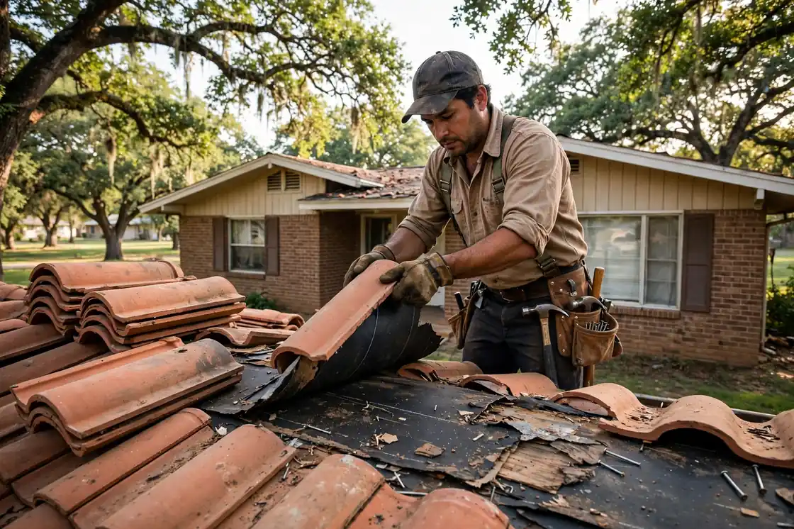 Reparación de goteras en el techo de tejas en una casa tipo rancho de los años 70 a la sombra de robles en Dickinson, Texas