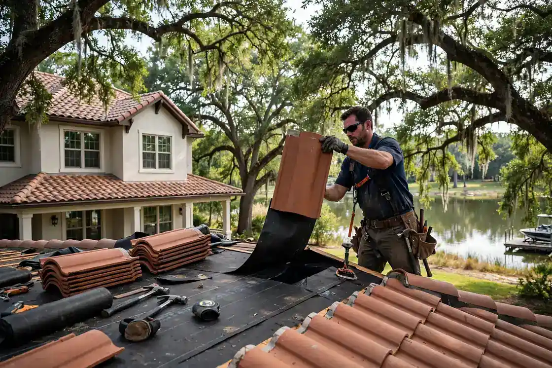 Reparación de goteras en el techo de tejas de una casa de dos pisos cerca del lago en Hidden Lakes, Texas