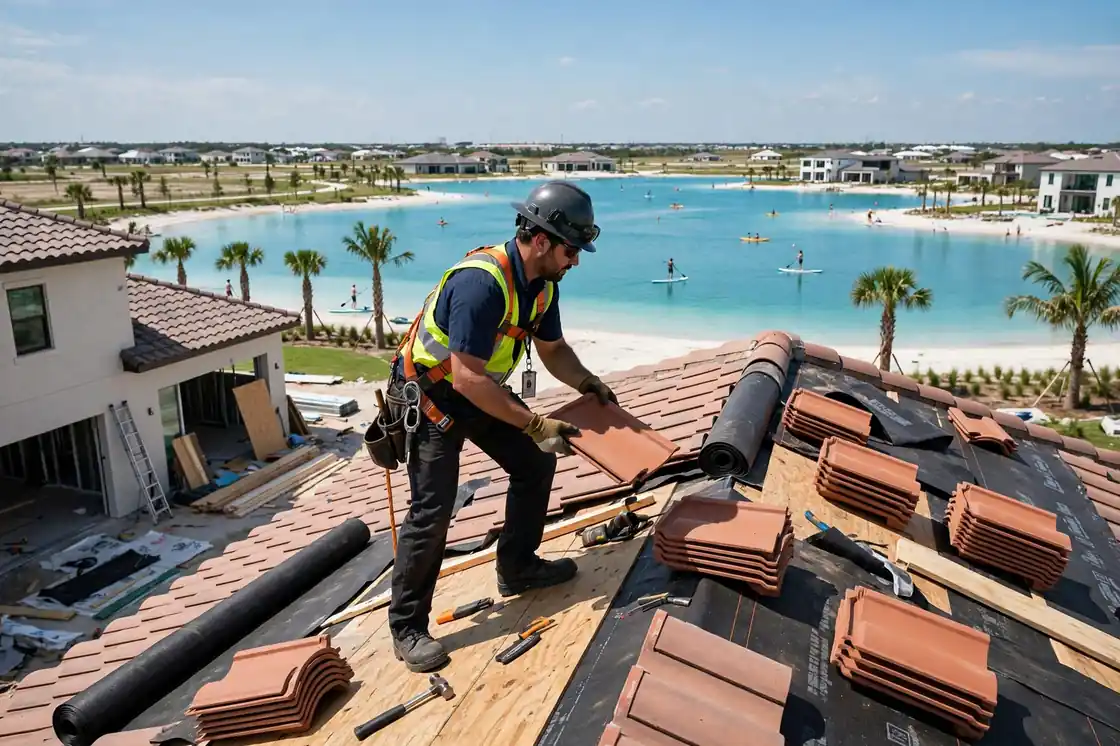 Reparación de goteras en el techo de tejas de una nueva casa suburbana cerca de Crystal Lagoon en Lago Mar, Texas