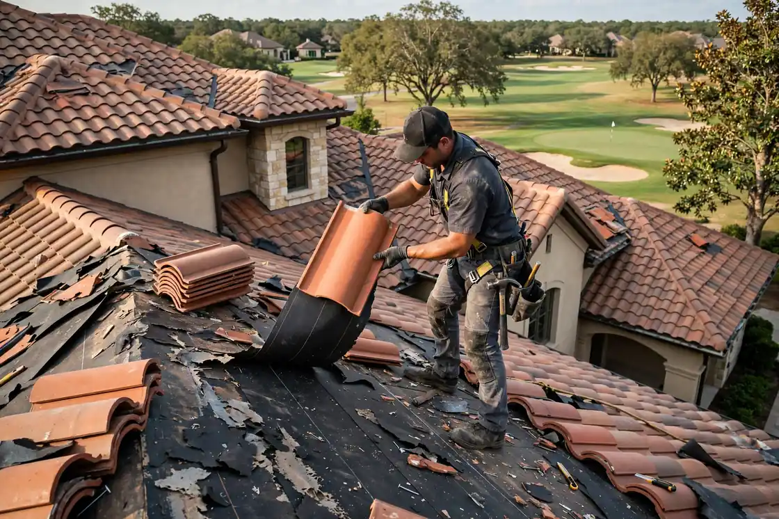 Reparación de goteras en el techo de tejas en una casa de lujo cerca del campo de golf en Magnolia Creek, Texas