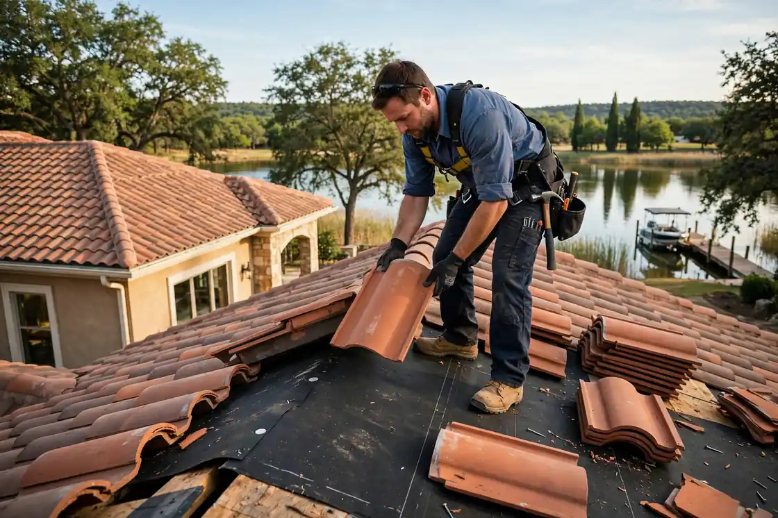 Reparación de goteras en el techo de tejas en una casa junto al lago con detalles en tejas Mar Bella, Texas