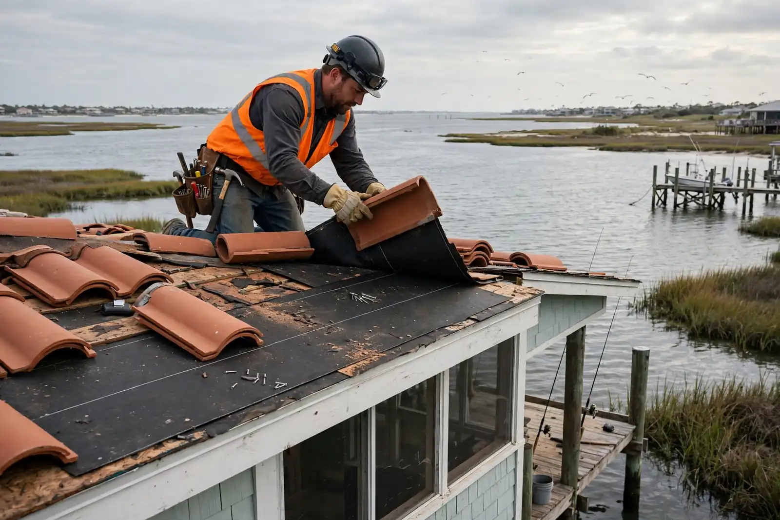 Reparación de goteras en el techo de tejas en una cabaña sobre pilotes frente al mar cerca de la Bahía de Galveston en San Leon, Texas