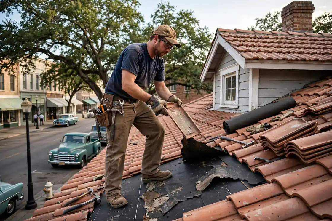Reparación de goteras en el techo de tejas de un bungalow de la década de 1950 en Historic Sixth Street, Texas