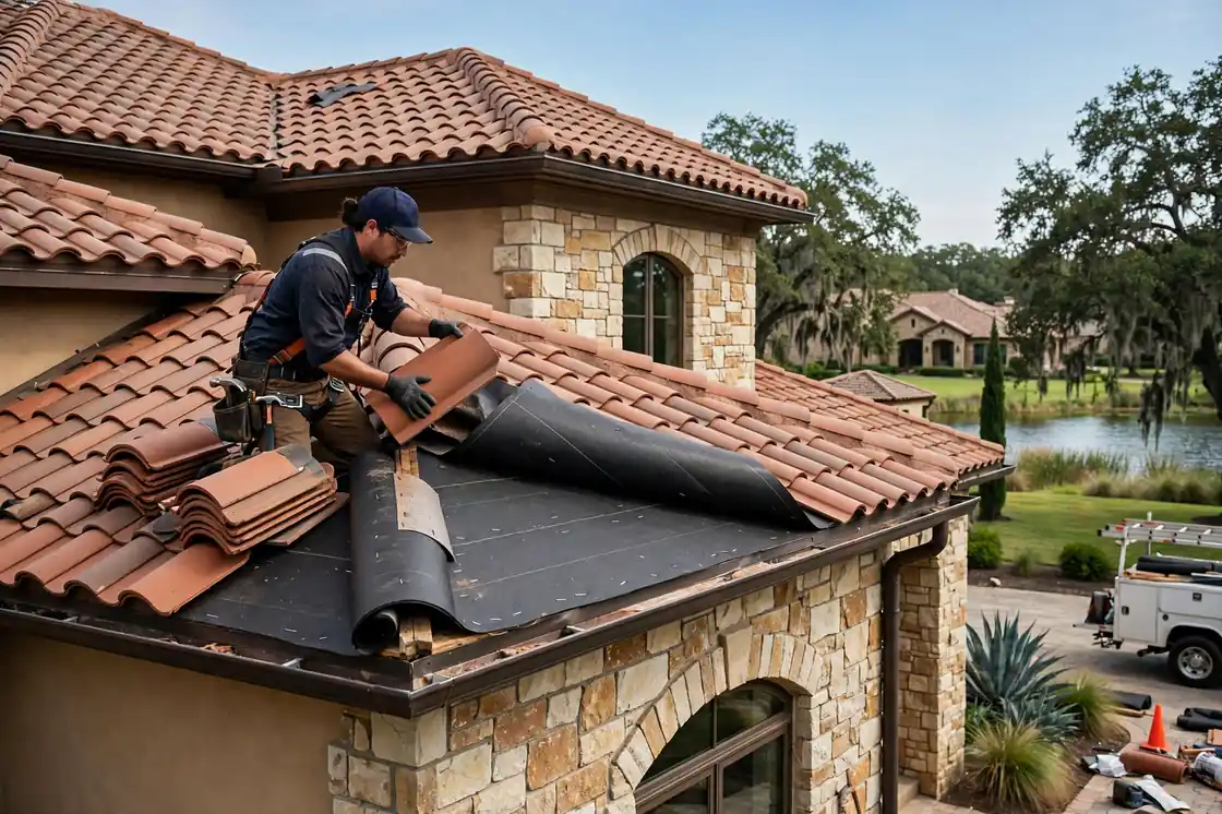 Reparación de goteras en el techo de tejas de una casa con fachada de piedra en Tuscan Lakes, Texas